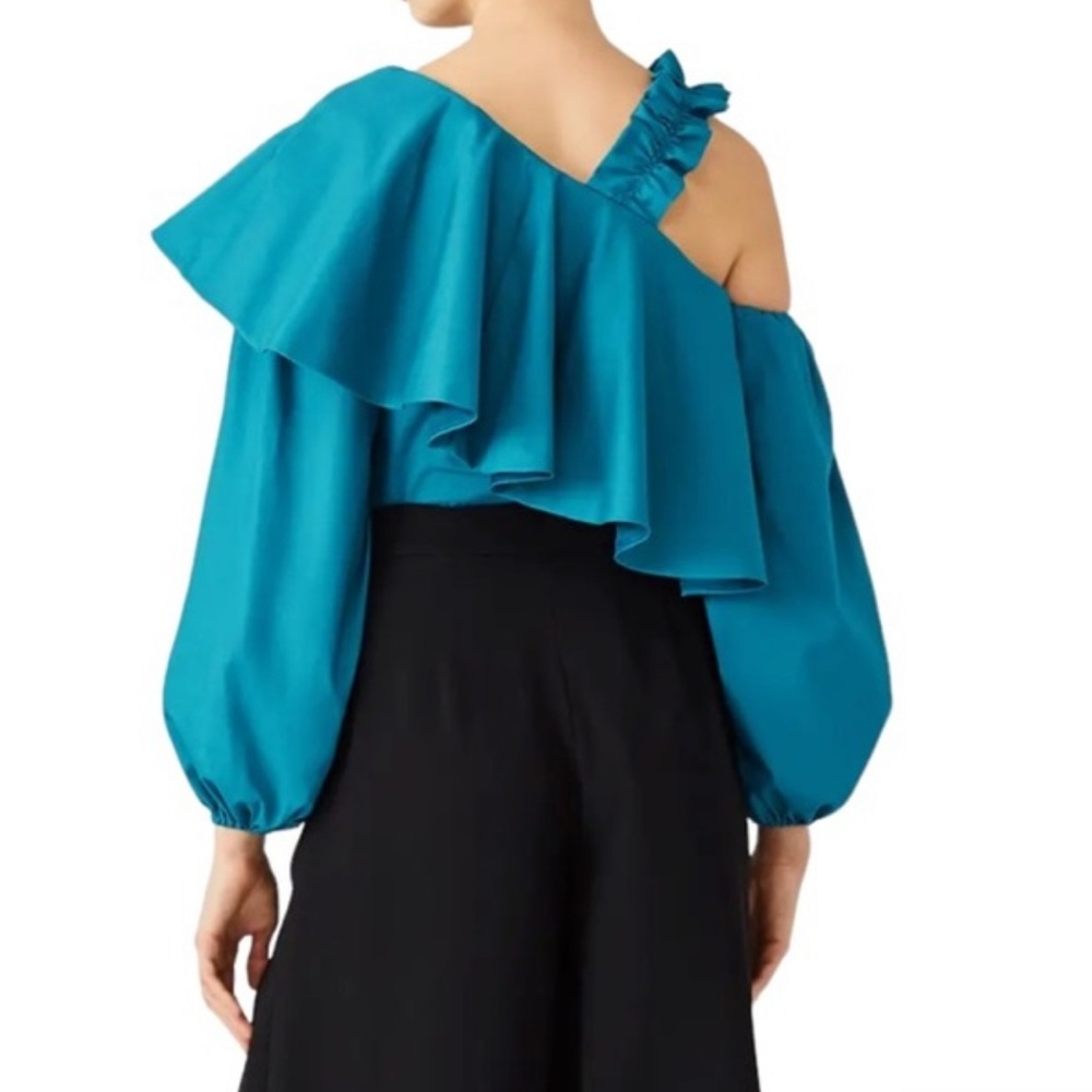 VIVA AVIVA Deep Cyan Ruffle Blouson Sleeve One Shoulder top size 4 blue green